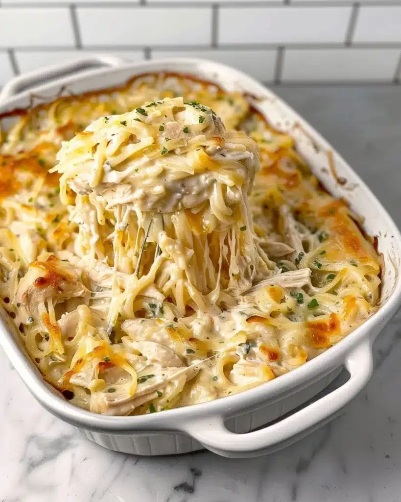 Plate of Easy Chicken Tetrazzini with creamy sauce and pasta