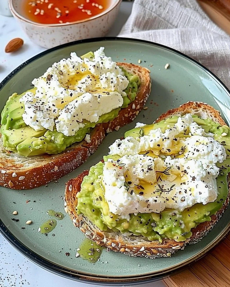 Easy cottage cheese avocado toast topped with herbs and spices