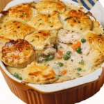 Delicious homemade chicken pot pie casserole topped with golden crust.