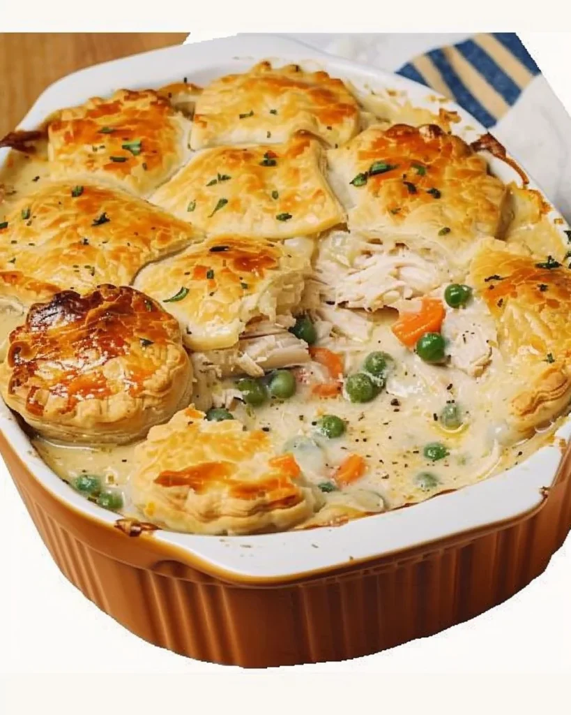Delicious homemade chicken pot pie casserole topped with golden crust.