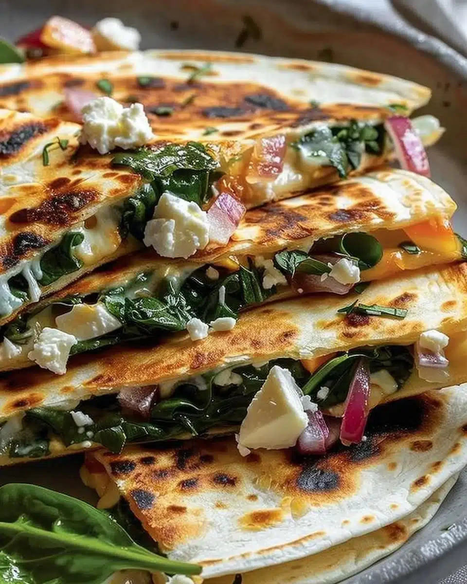 Mediterranean Quesadillas with Spinach, Feta, Mozzarella, and Red Onion