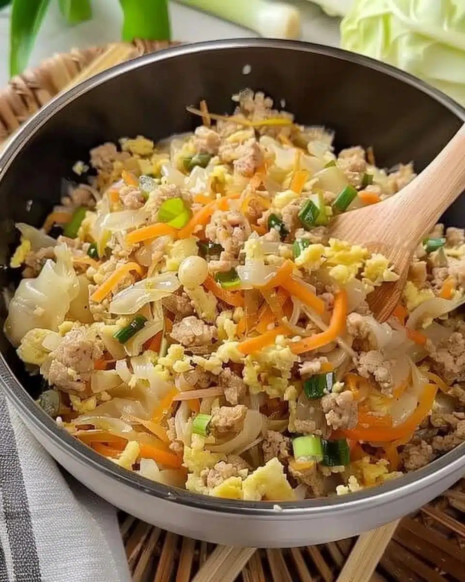 Healthy Egg Roll in a Bowl served with fresh vegetables and seasonings.