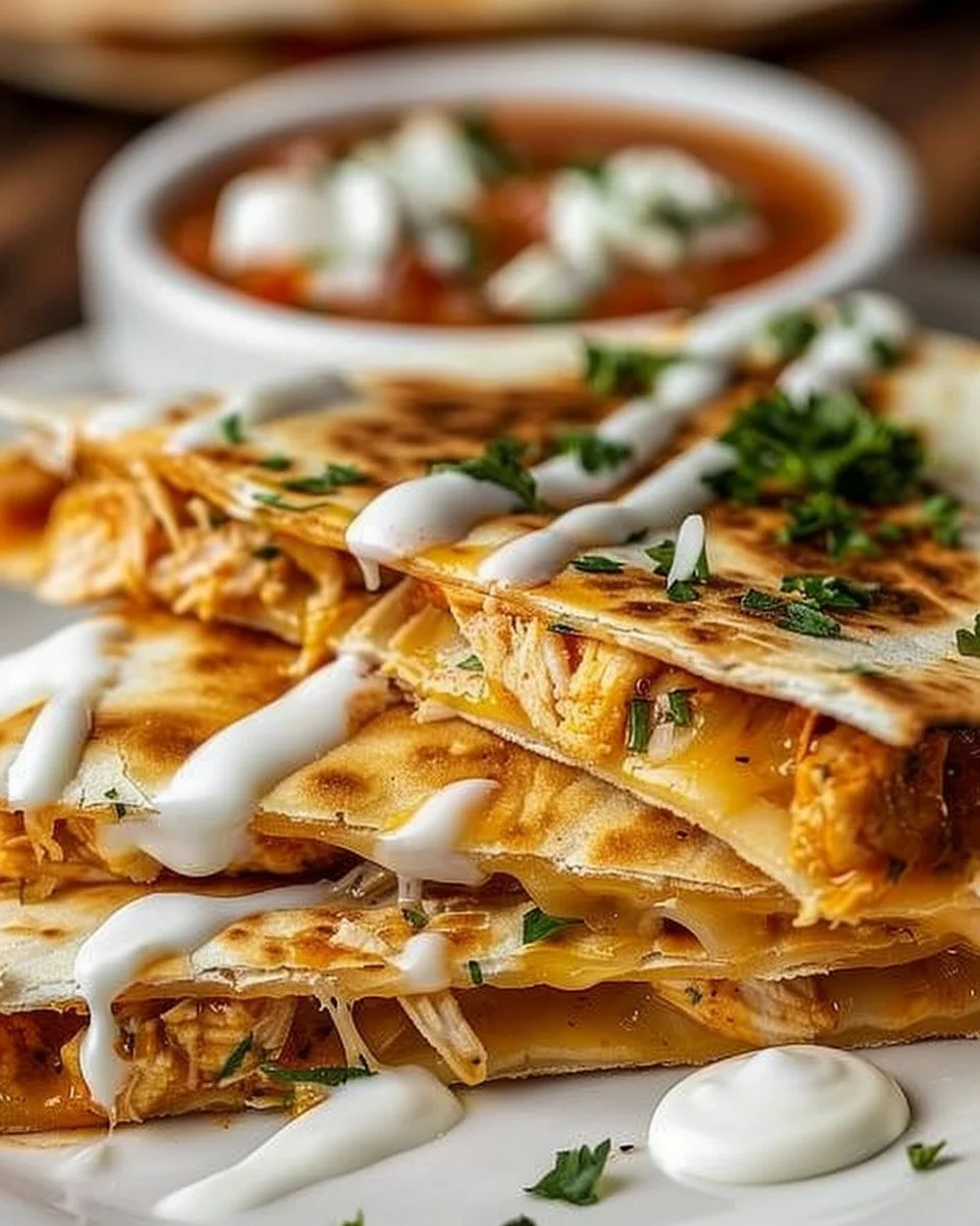 Delicious homemade chicken quesadilla with melted cheese and fresh toppings