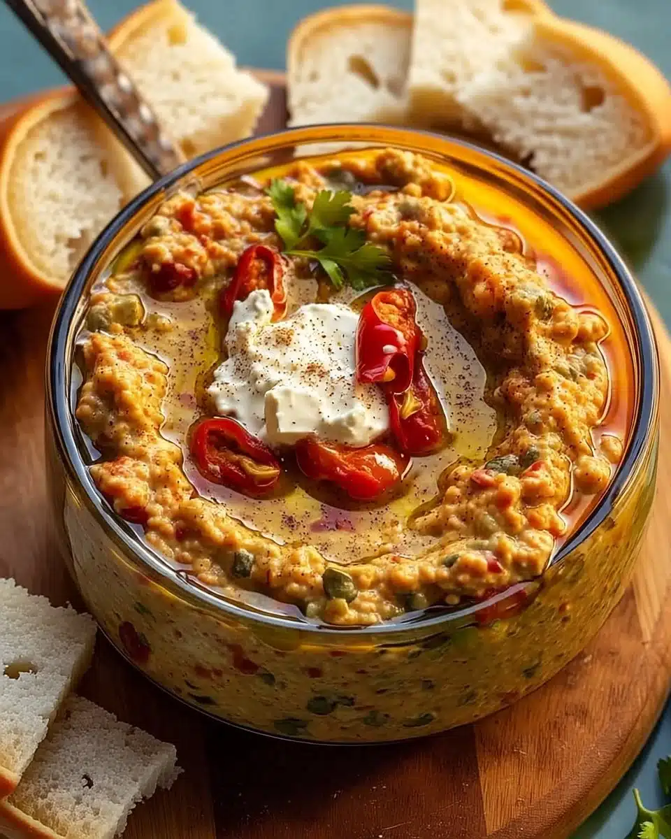 Feta and roasted red pepper dip served in a bowl with pita chips.