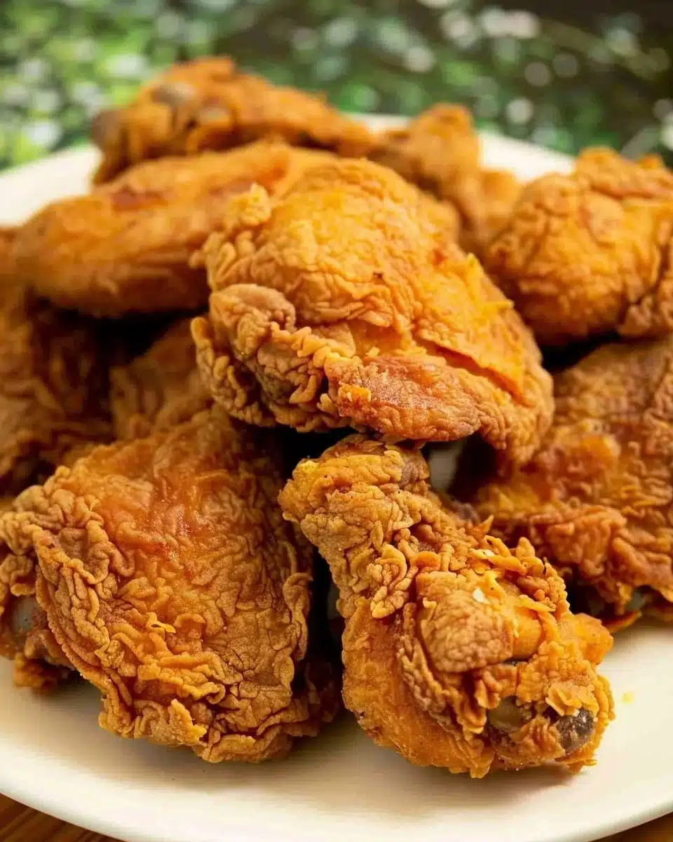 A plate of golden Filipino crispy fried chicken served with dipping sauce.