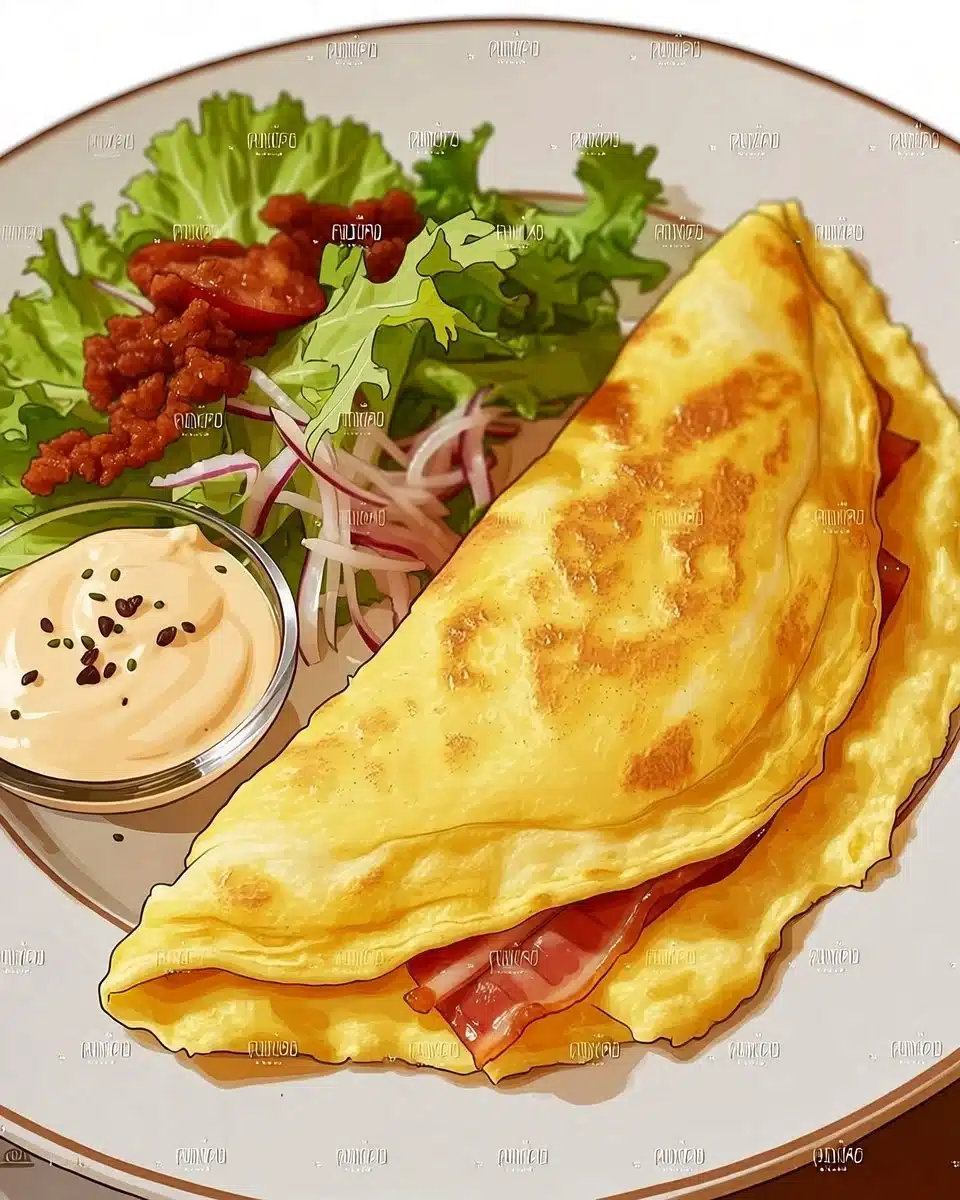 Fluffy omelette with bacon and a side salad on a plate