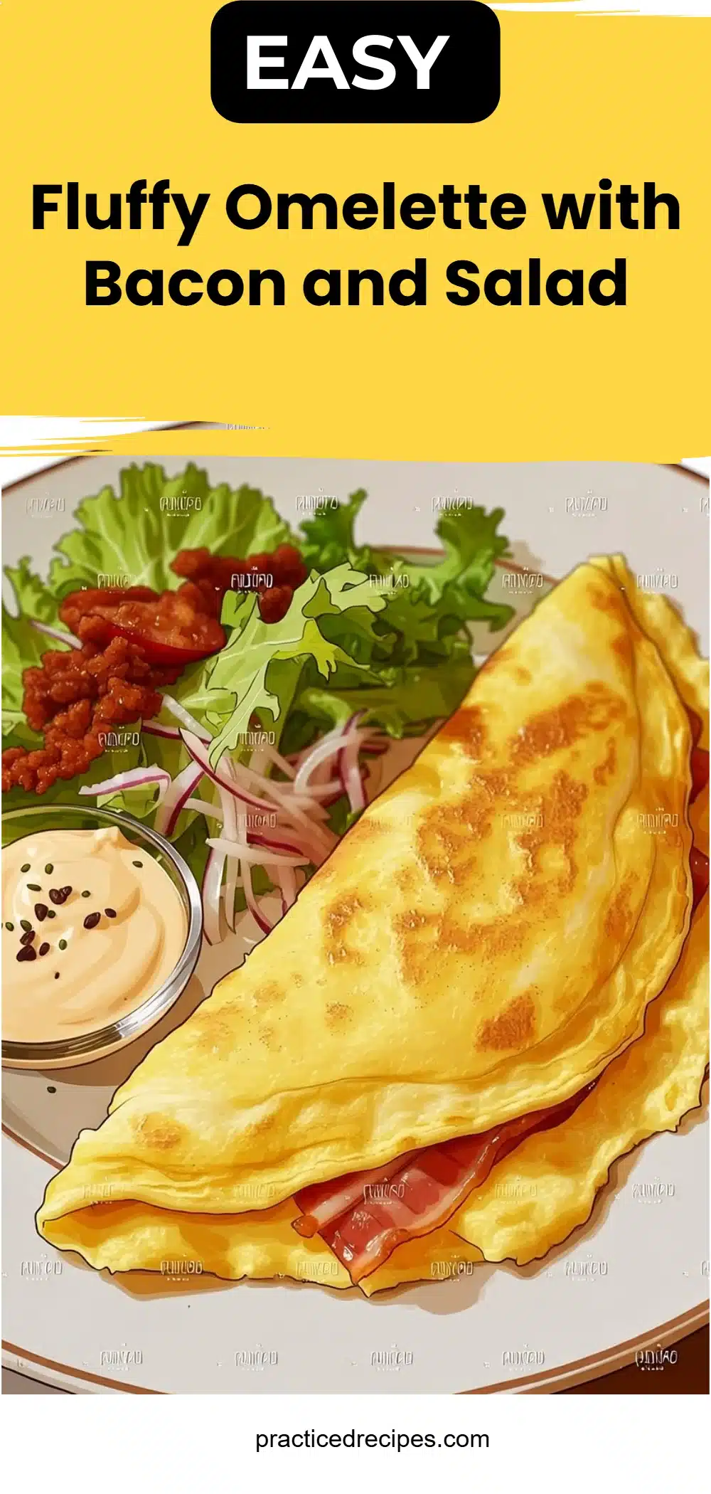 Fluffy Omelette with Bacon and Salad