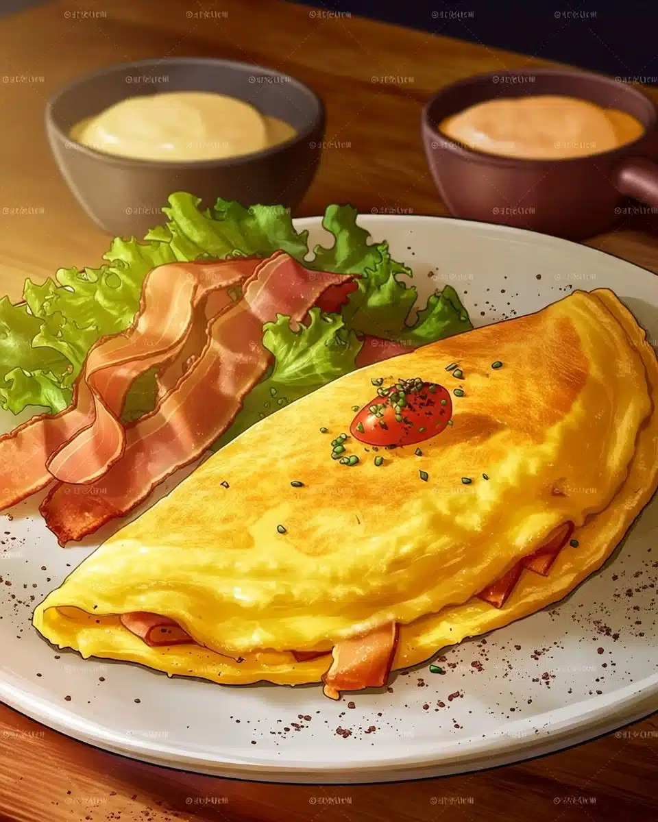 Fluffy Omelette with Bacon and Salad