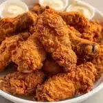 Delicious crispy fried chicken served with a side of dipping sauce