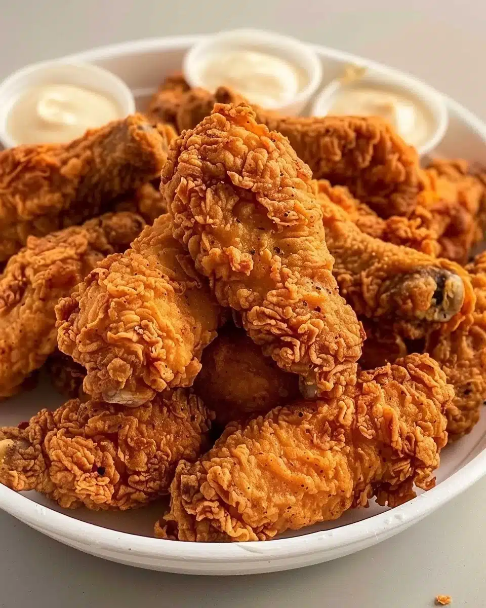 Delicious crispy fried chicken served with a side of dipping sauce
