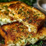 Mouthwatering garlic bread grilled cheese sandwich with melted cheese and crispy crust.
