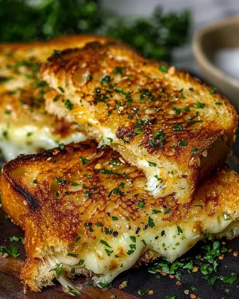 Mouthwatering garlic bread grilled cheese sandwich with melted cheese and crispy crust.