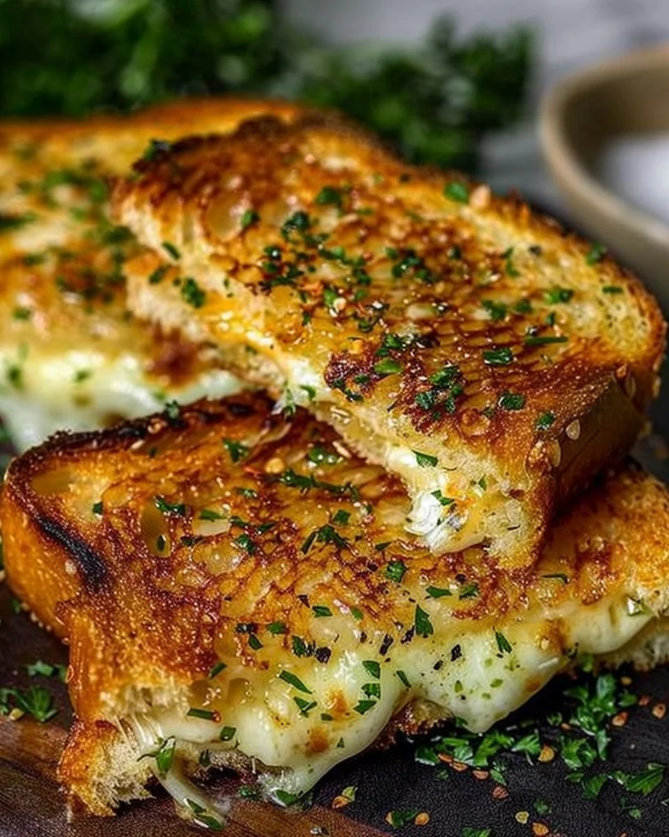 Mouthwatering garlic bread grilled cheese sandwich with melted cheese and crispy crust.