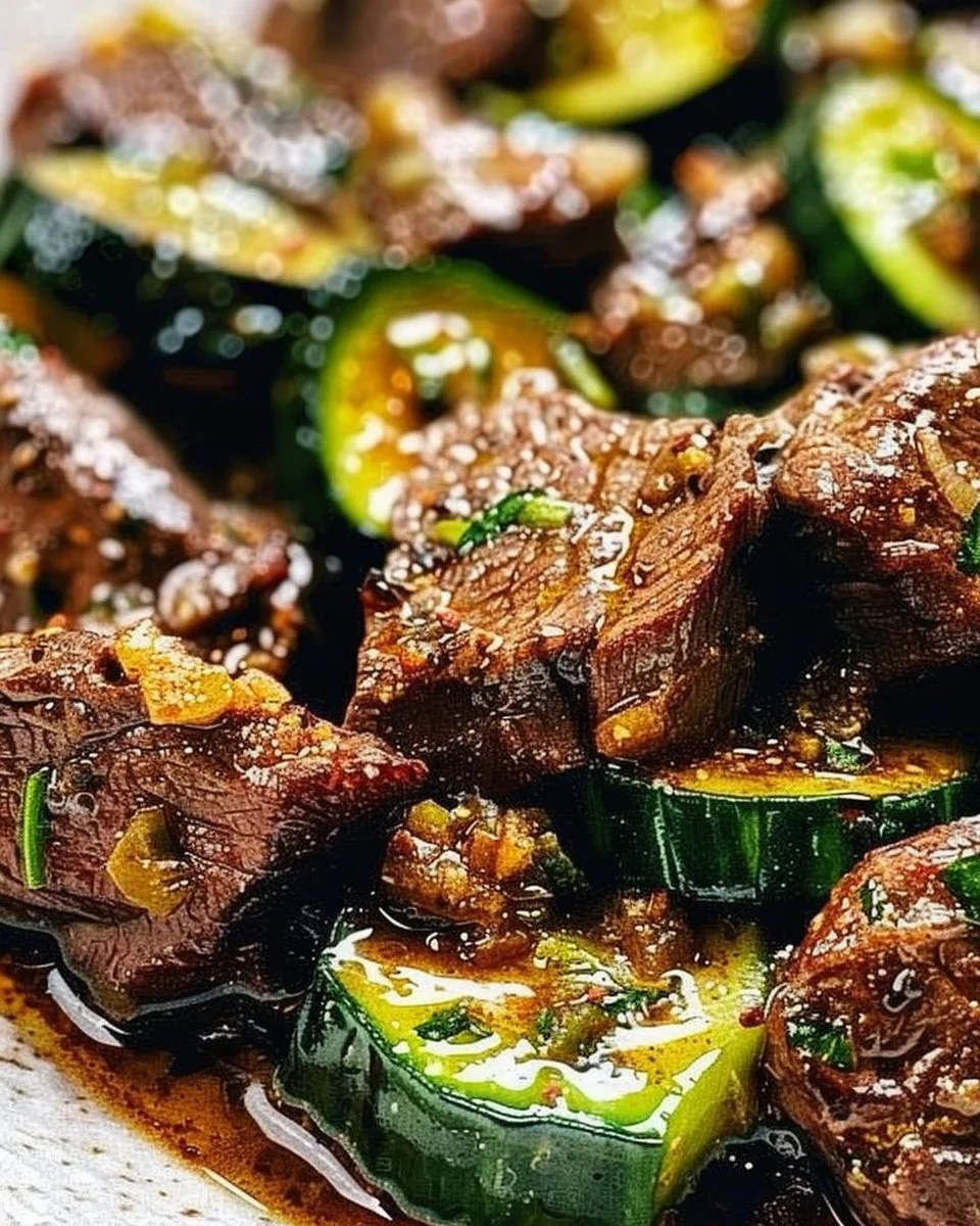 Delicious Garlic Butter Steak Bites with sautéed Zucchini on a plate