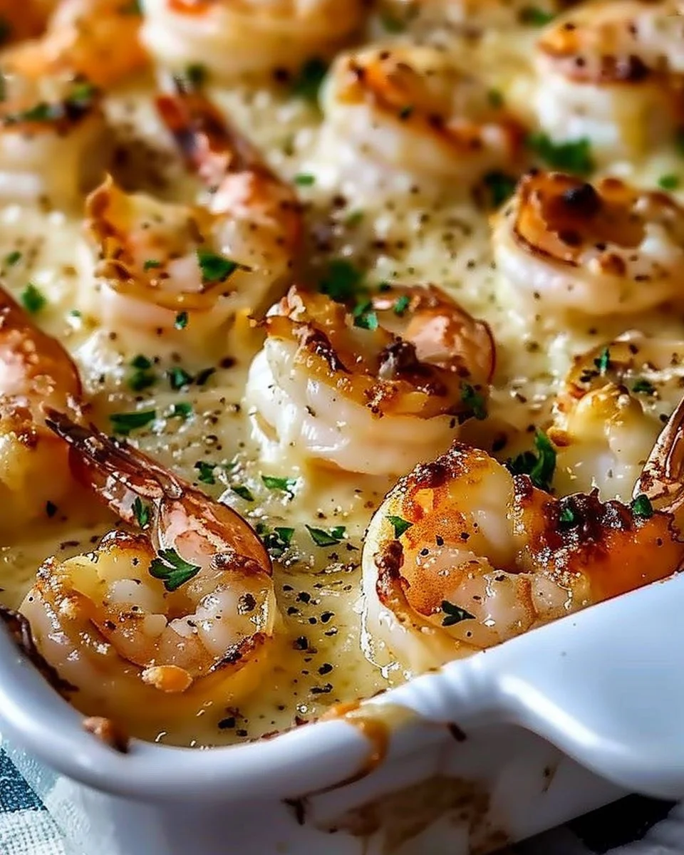 Plate of garlic Parmesan baked shrimp garnished with parsley