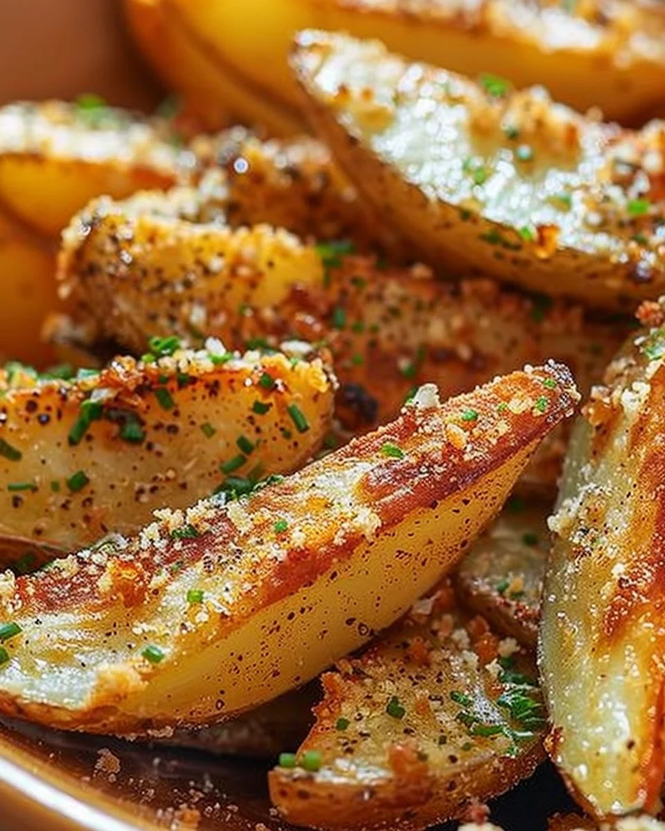 Crispy Garlic Parmesan Potato Wedges topped with herbs