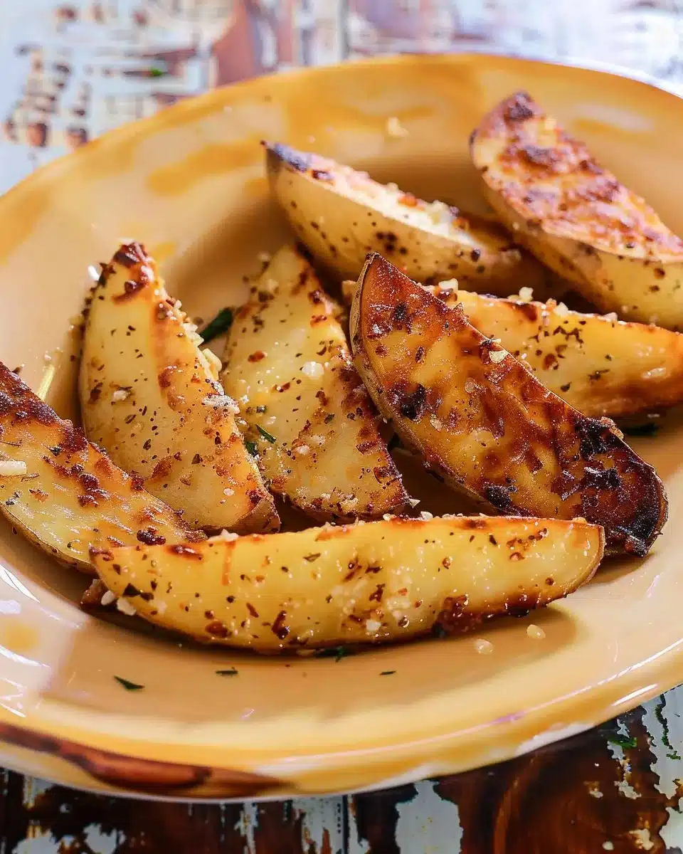Crispy Garlic Parmesan Potato Wedges garnished with herbs