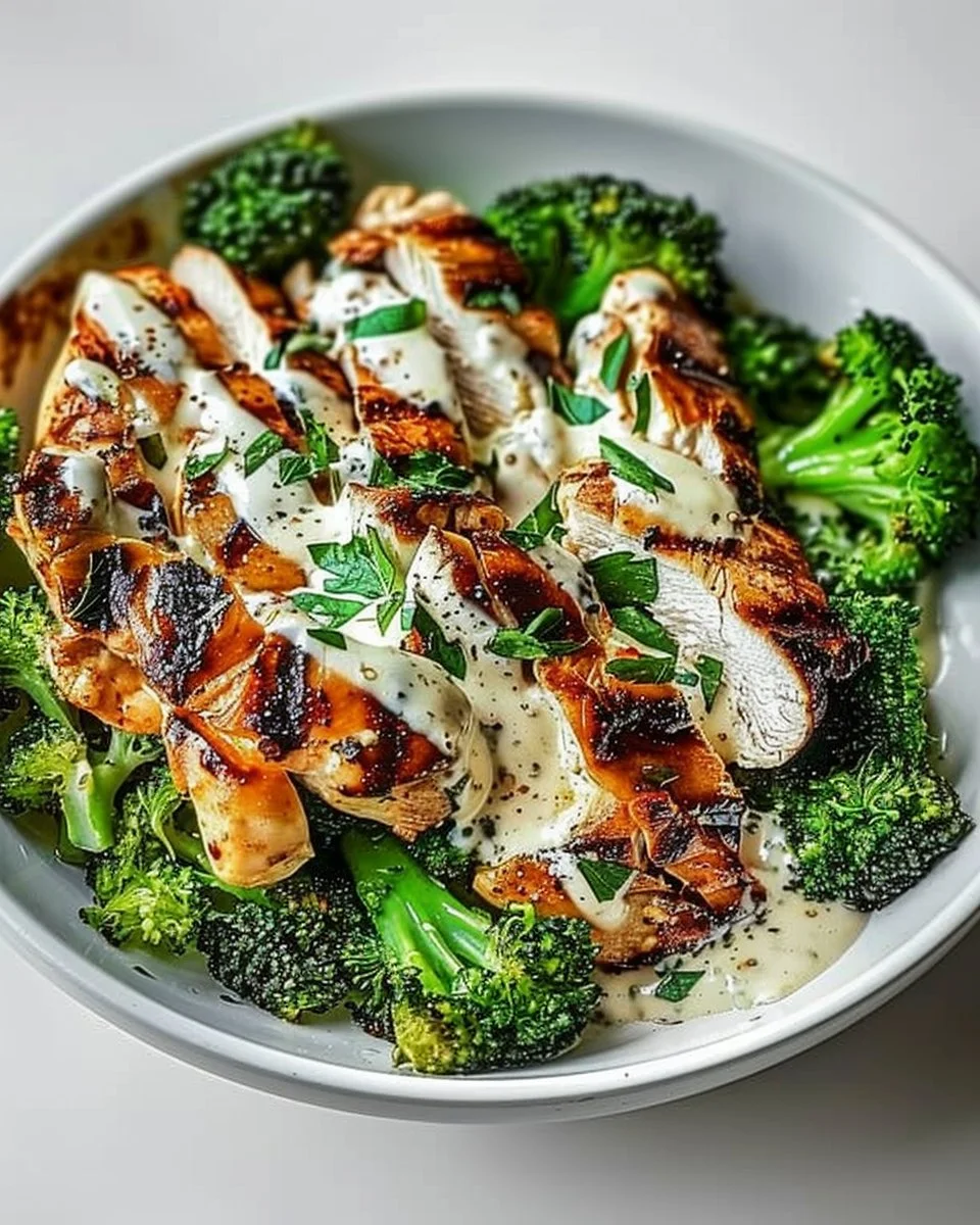 Grilled chicken and broccoli bowl topped with creamy garlic sauce