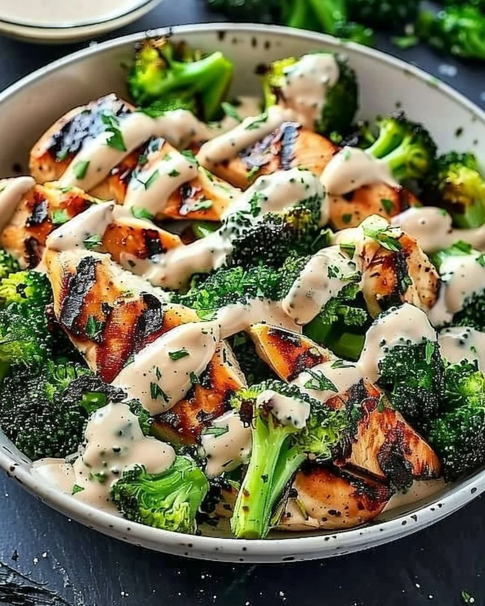How to Make Grilled Chicken & Broccoli Bowls with Creamy Garlic Sauce