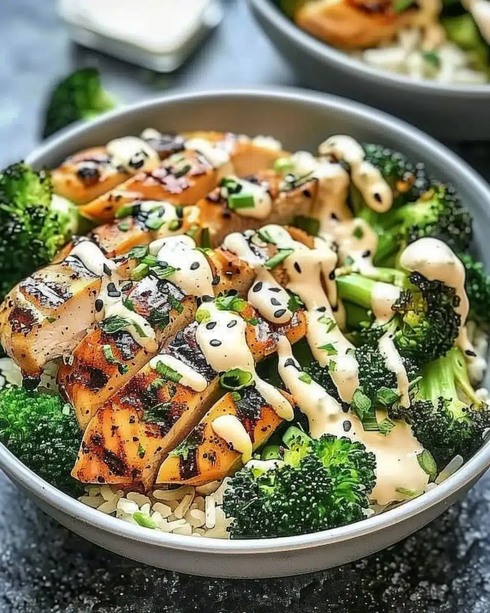 Grilled chicken and broccoli bowls with creamy garlic sauce in a bowl