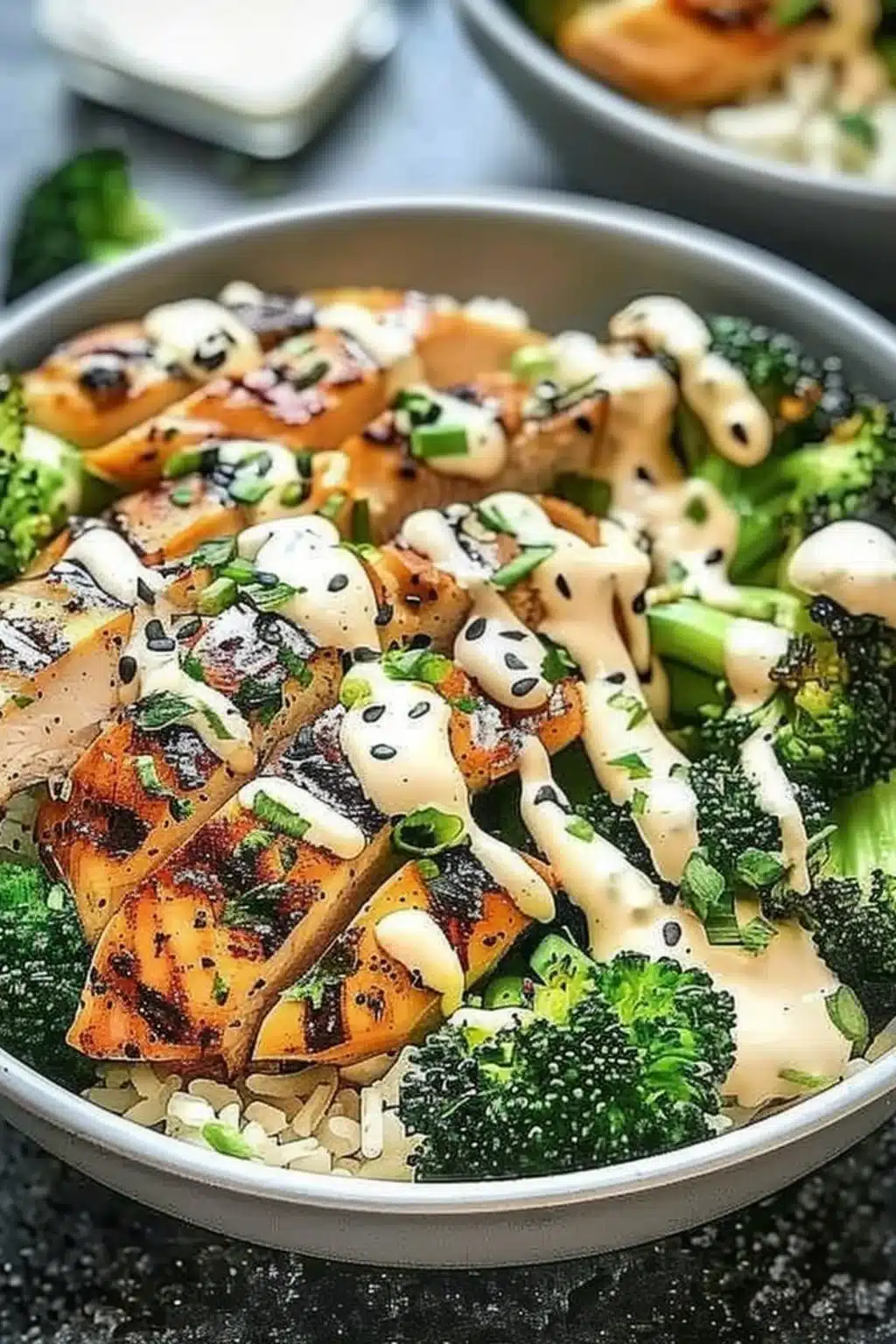 Grilled Chicken & Broccoli Bowls with Creamy Garlic Sauce