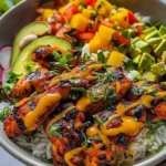 Grilled maple sriracha chicken bites with coconut rice and mango avocado salsa