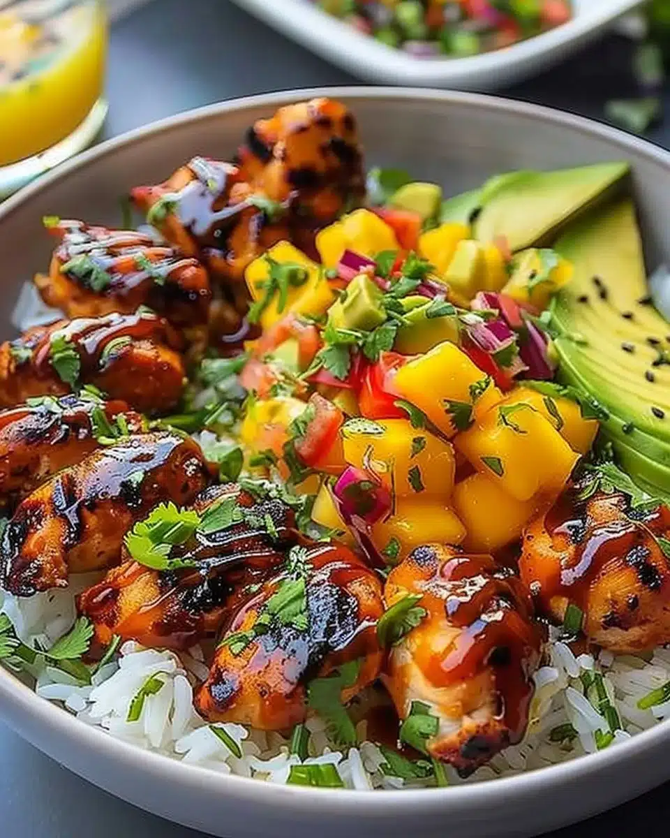Grilled maple sriracha chicken bites with coconut rice and mango avocado salsa
