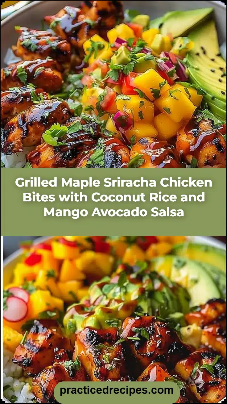 Grilled Maple Sriracha Chicken Bites with Coconut Rice and Mango Avocado Salsa