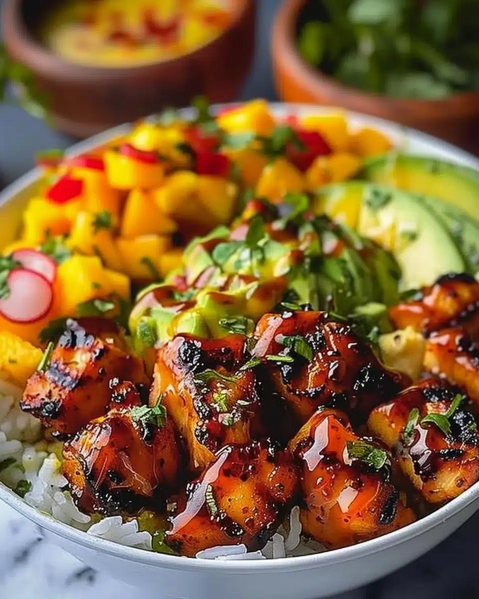 Grilled Maple Sriracha Chicken Bites with Coconut Rice & Mango Avocado Salsa Bowl with Chili Mayo