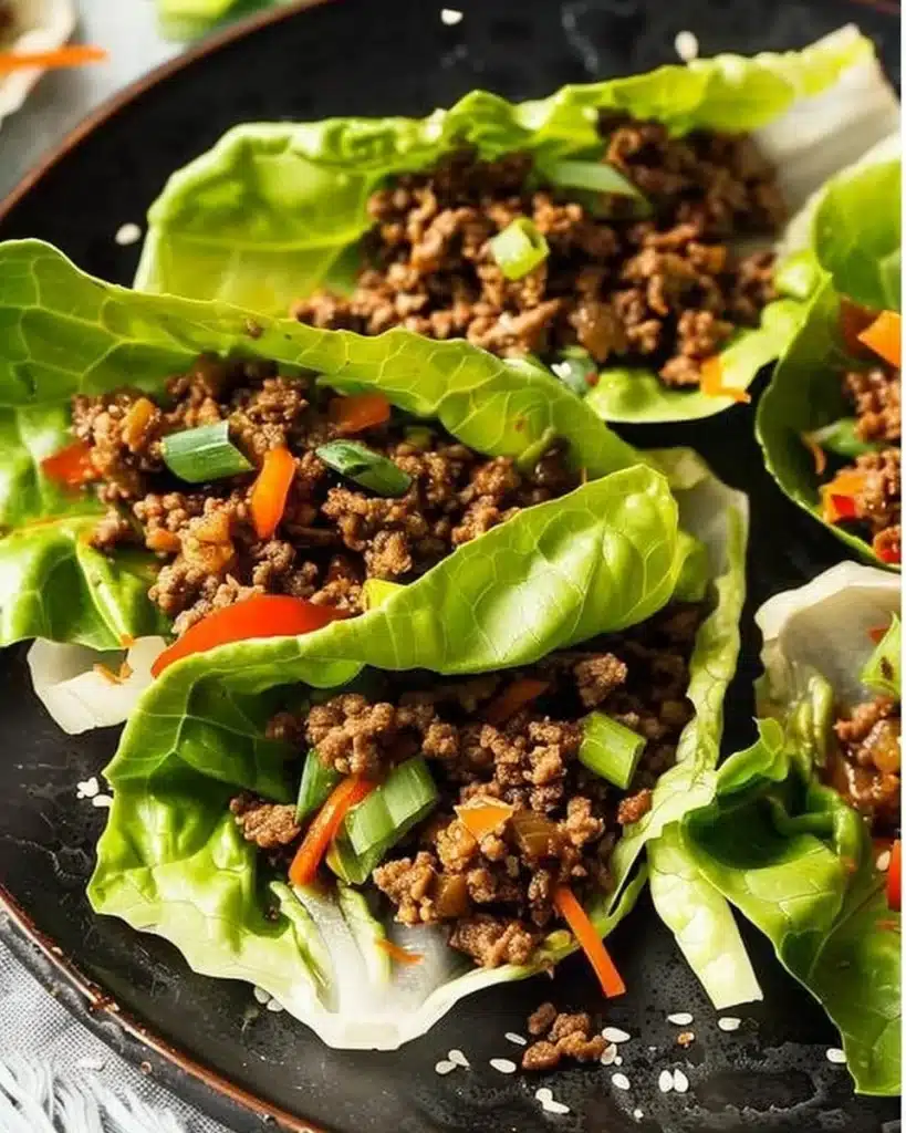 Healthy ground beef lettuce wraps served on a plate