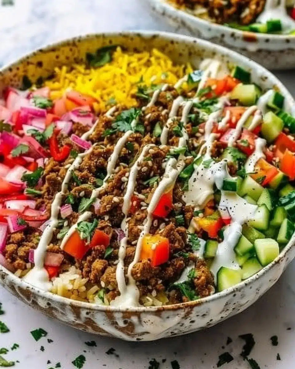 Delicious Ground Beef Shawarma Bowls with fresh vegetables and flavorful spices