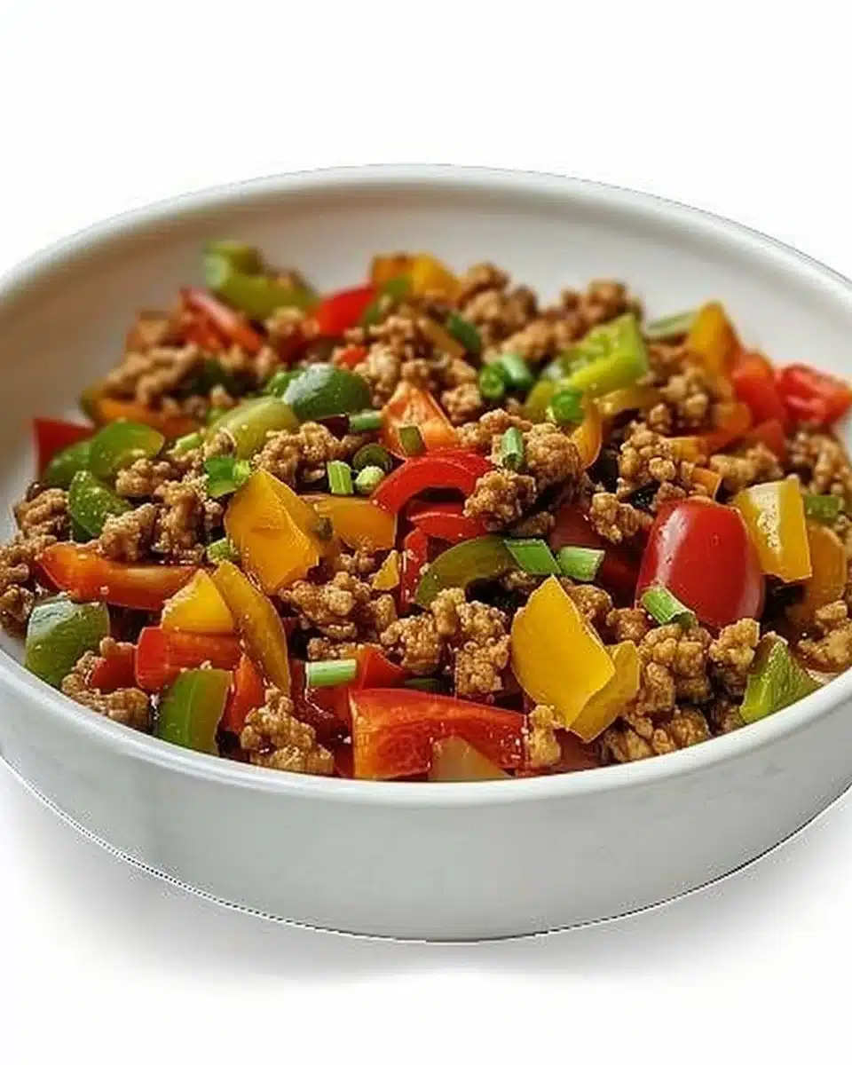 Ground turkey stir-fry with colorful bell peppers in a skillet