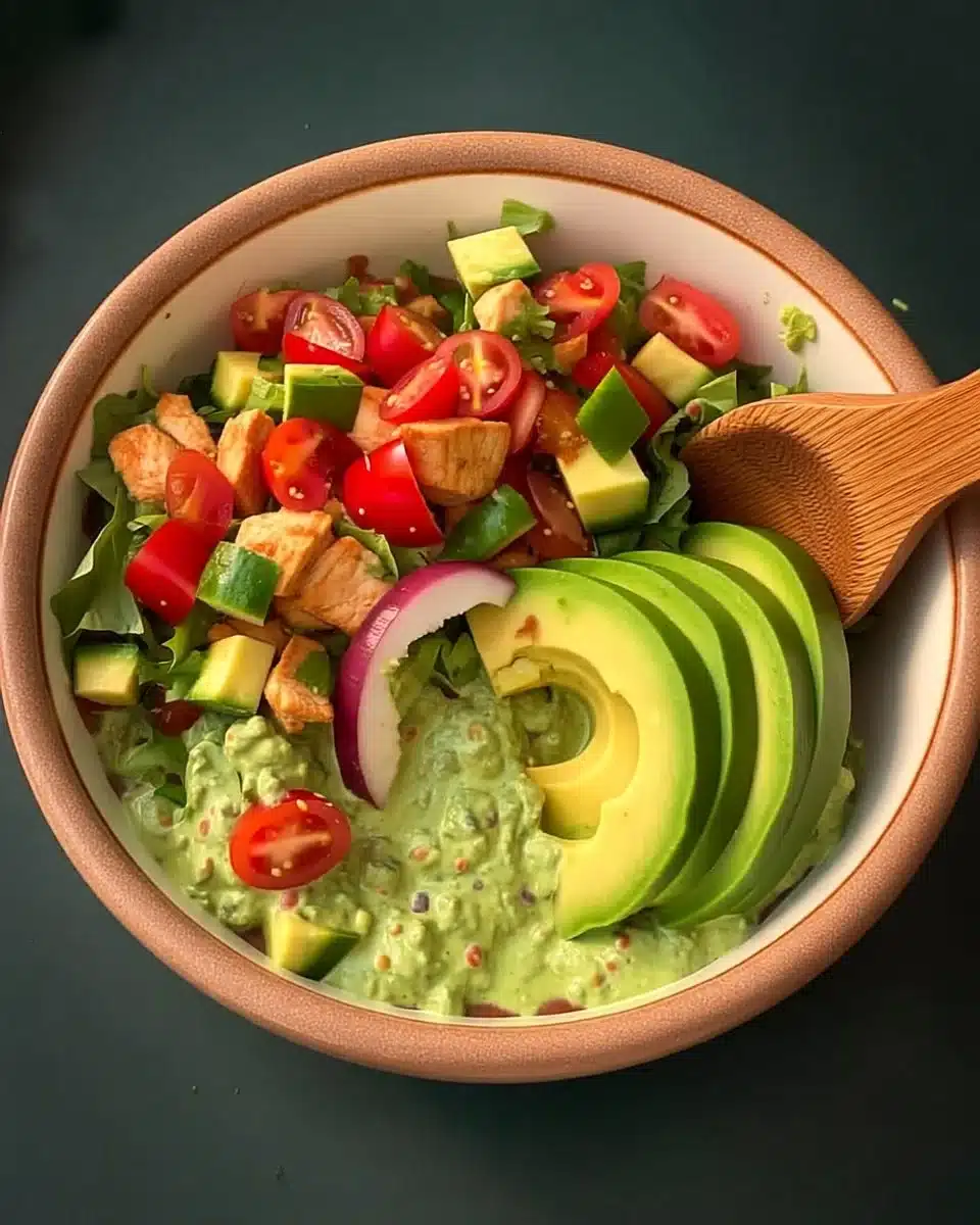 Delicious Guacamole Chicken Salad with avocado, chicken, and fresh vegetables