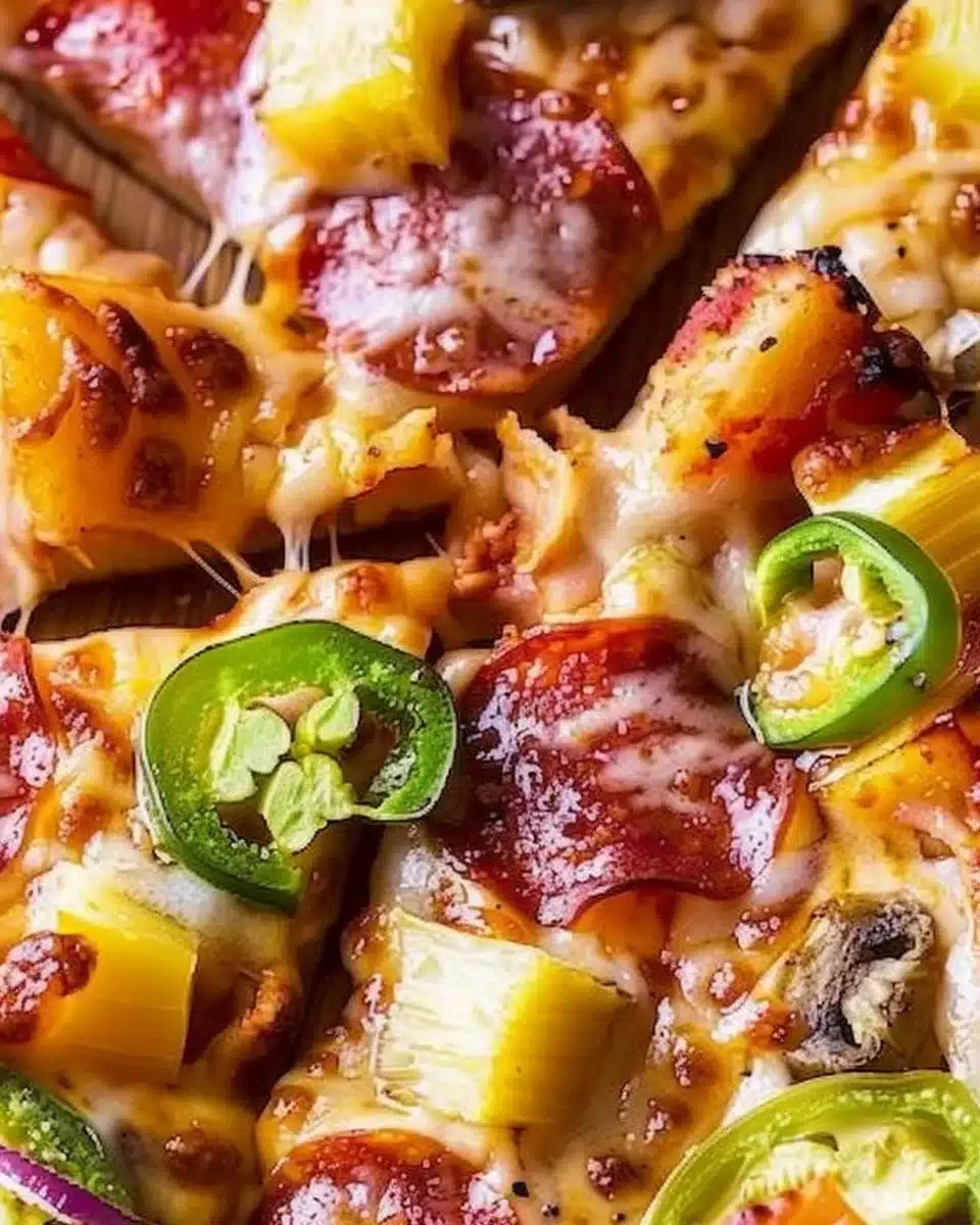 Homemade Hawaiian pizza topped with pineapple and ham on a wooden table.