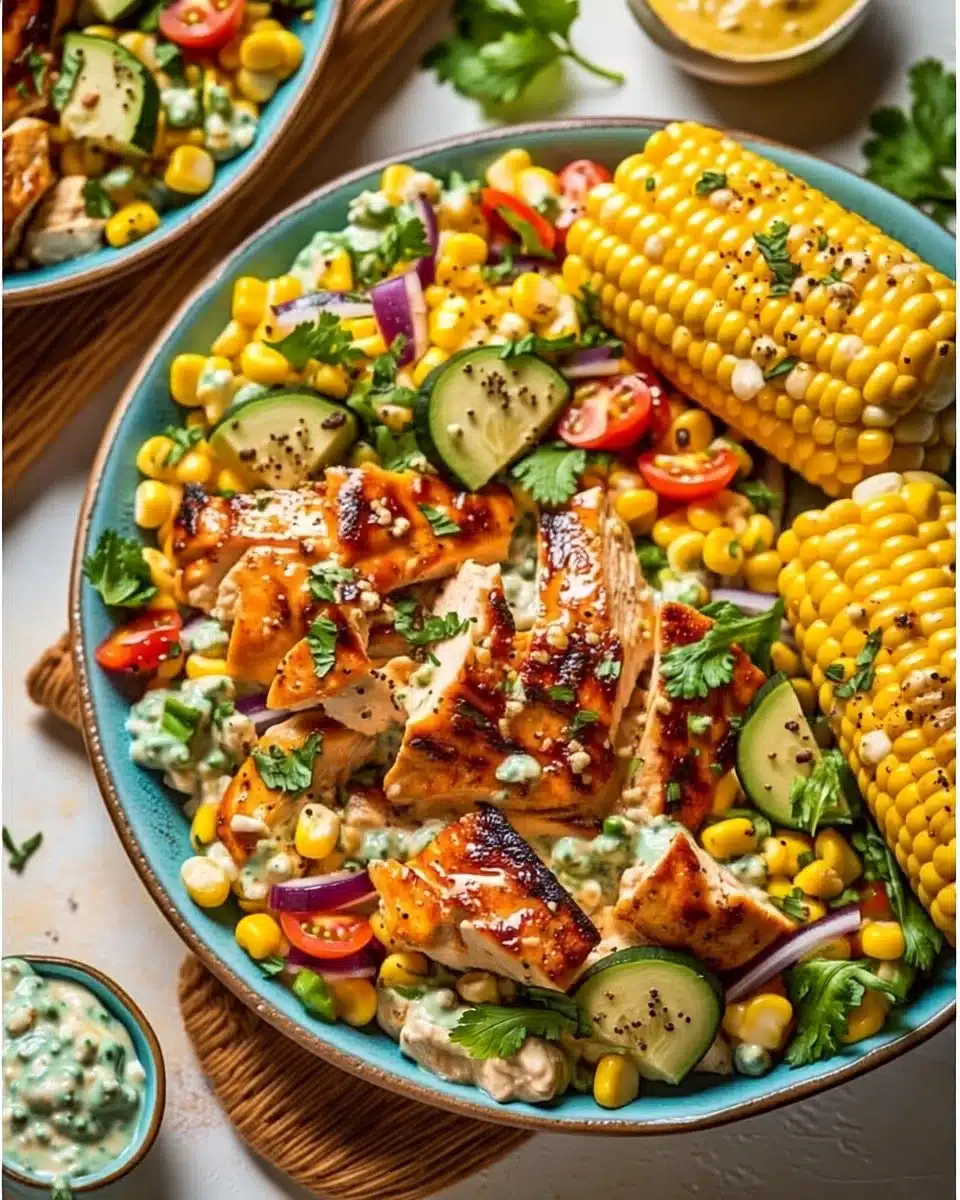 Healthy chicken and street corn bowls served in a vibrant dish