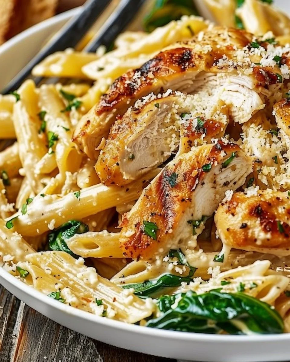 Healthy garlic parmesan chicken pasta served with fresh herbs and parmesan cheese.