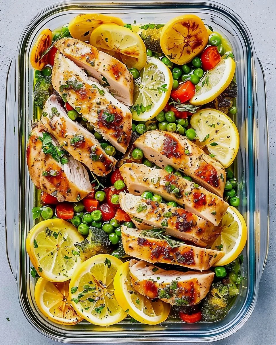Healthy lemon garlic chicken meal prep bowls with vegetables