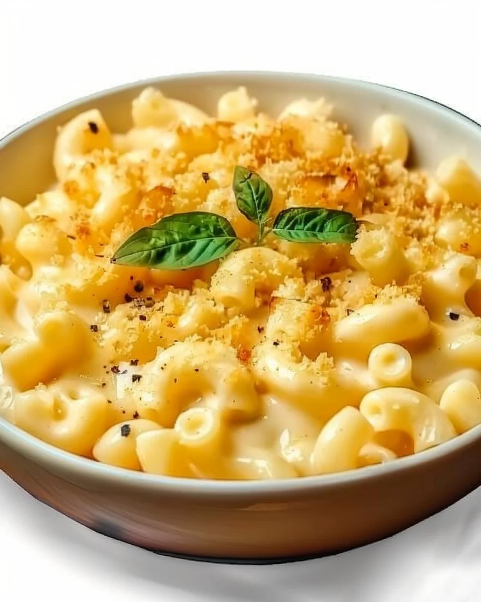 Bowl of healthy mac and cheese topped with fresh herbs and vegetables