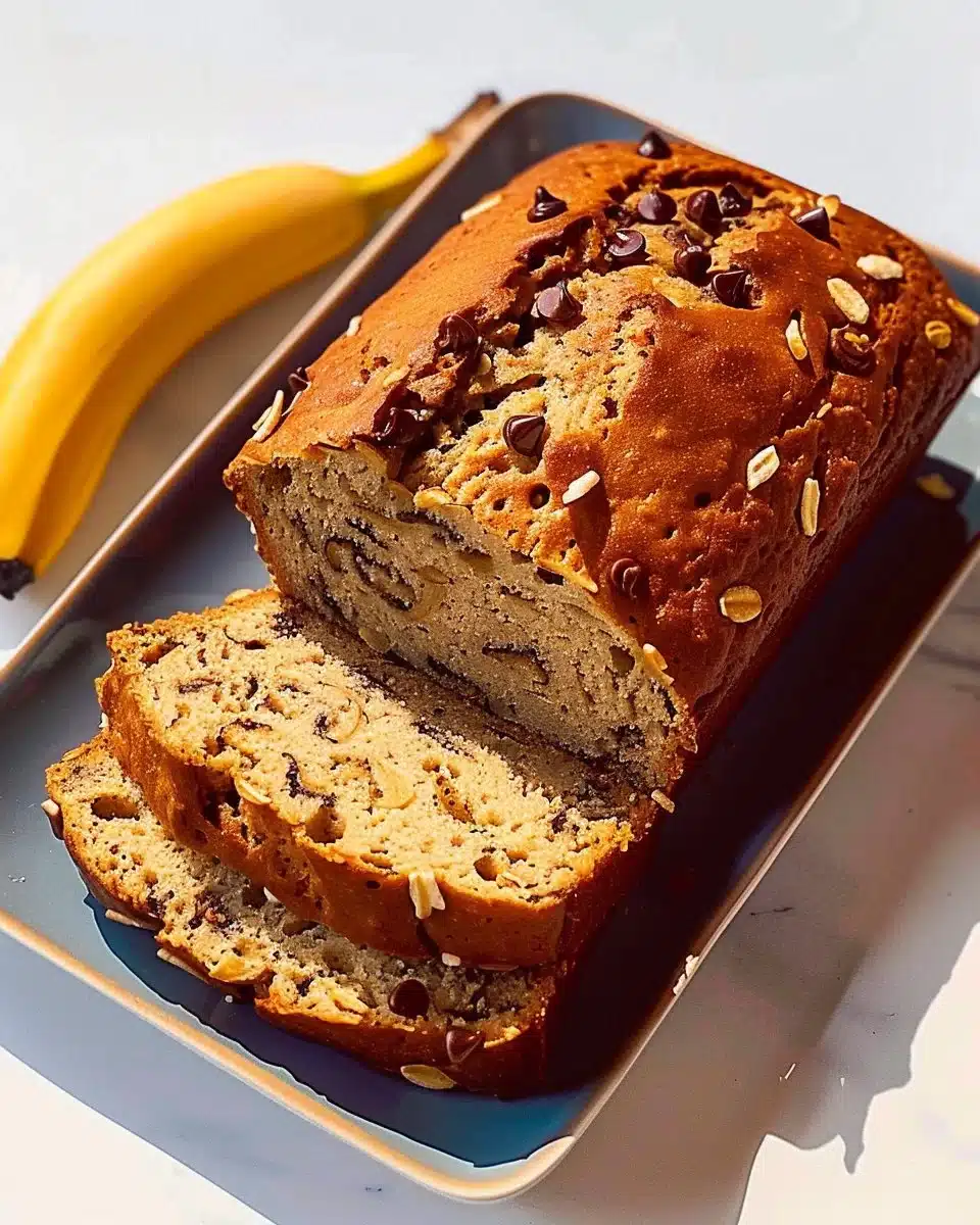 Sliced high protein banana bread on a wooden cutting board