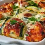 High protein chicken zucchini bake dish with cheese and herbs