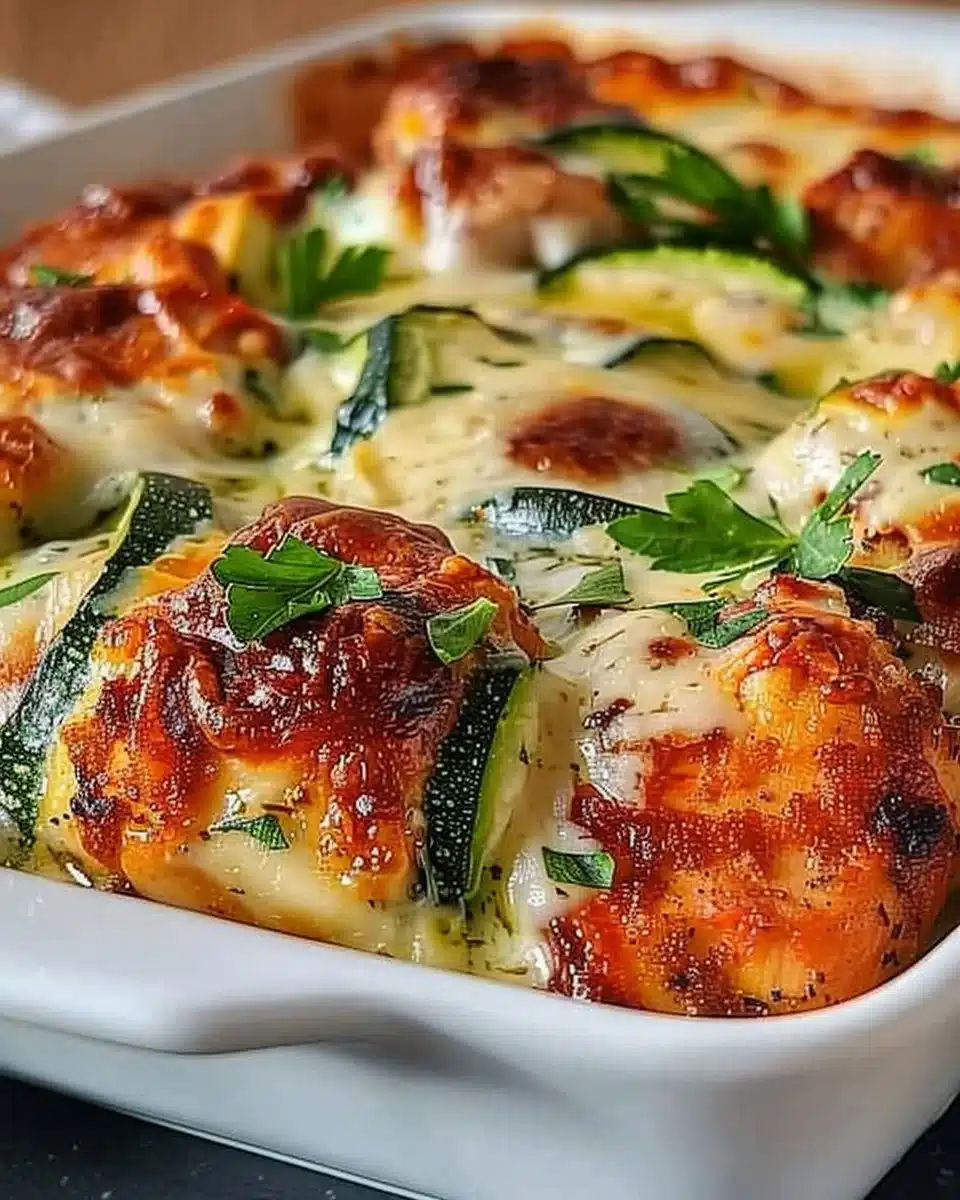 High protein chicken zucchini bake dish with cheese and herbs