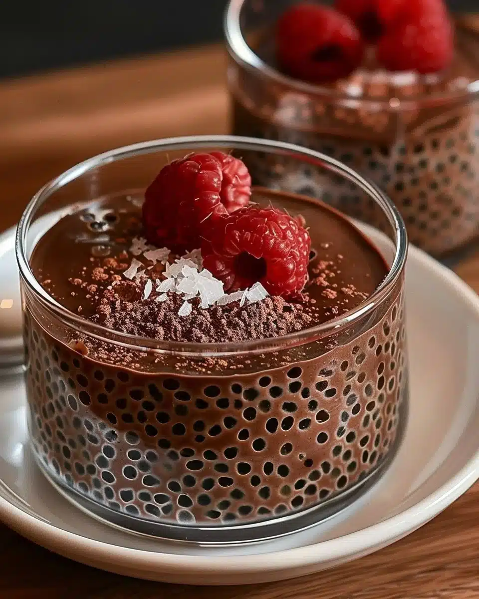 High protein chocolate chia seed pudding served in a bowl with chocolate sprinkles