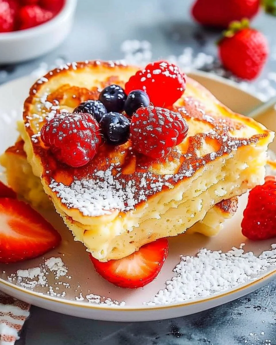 High protein cottage cheese oven pancakes served on a plate with fresh fruit.