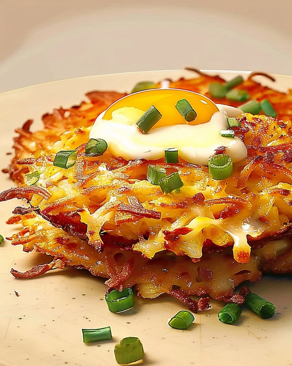 High-protein loaded hash browns topped with vegetables and cheese