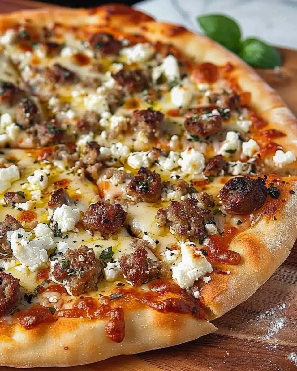 Delicious Hot Sausage Feta Honey Pizza topped with fresh ingredients