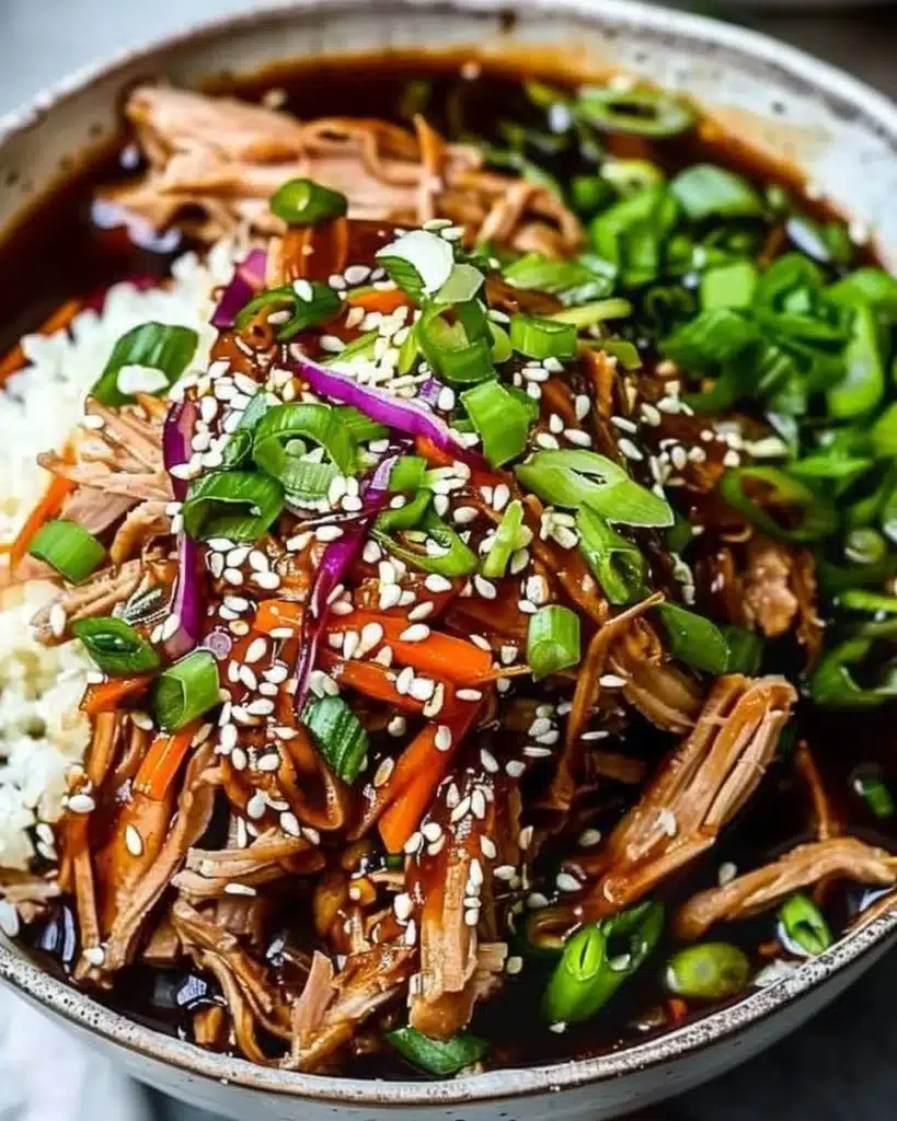 Slow cooker Asian pulled pork served with fresh herbs and sesame seeds