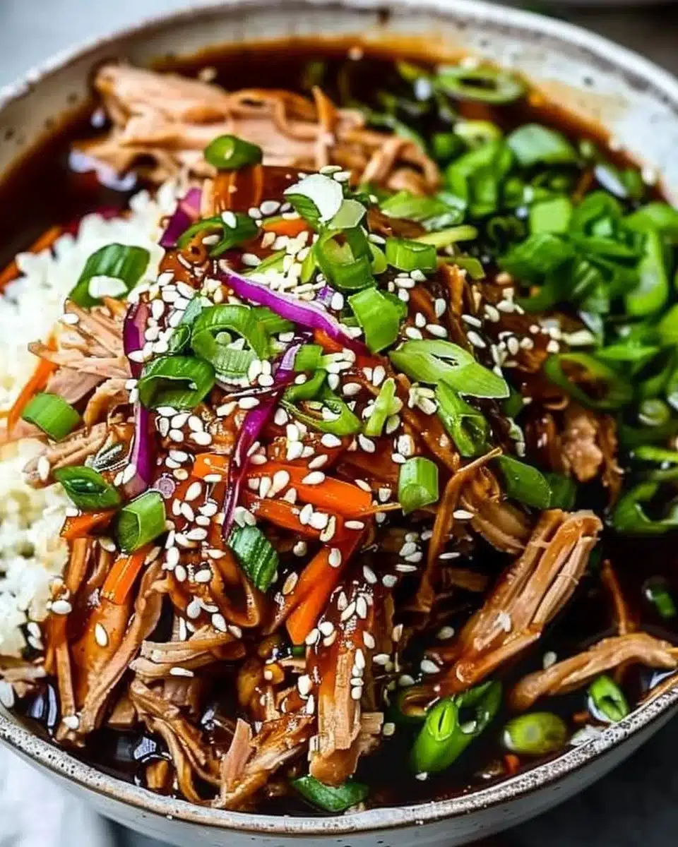 Slow cooker Asian pulled pork served with fresh herbs and sesame seeds