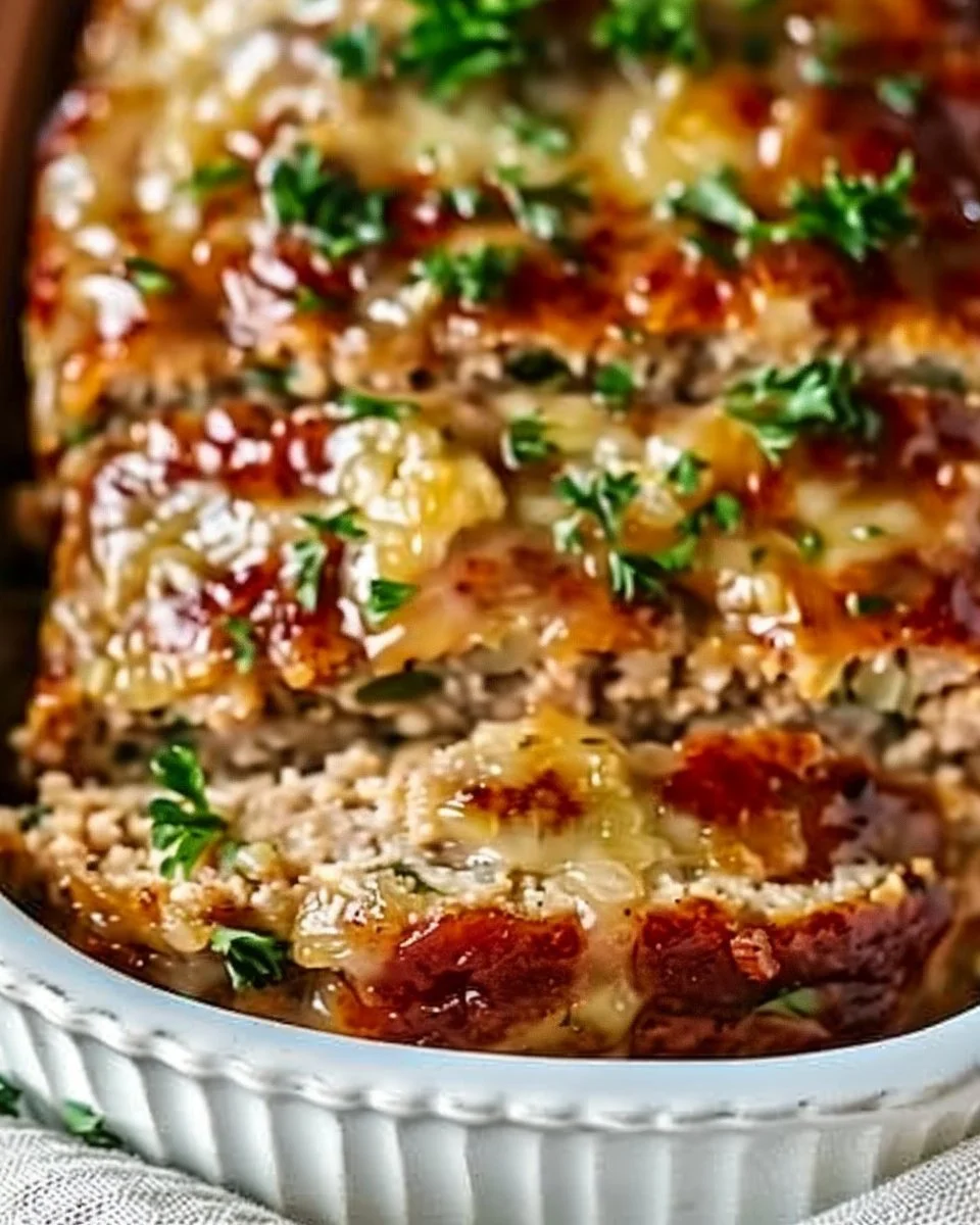Juicy garlic parmesan chicken meatloaf served with herbs and garlic sauce