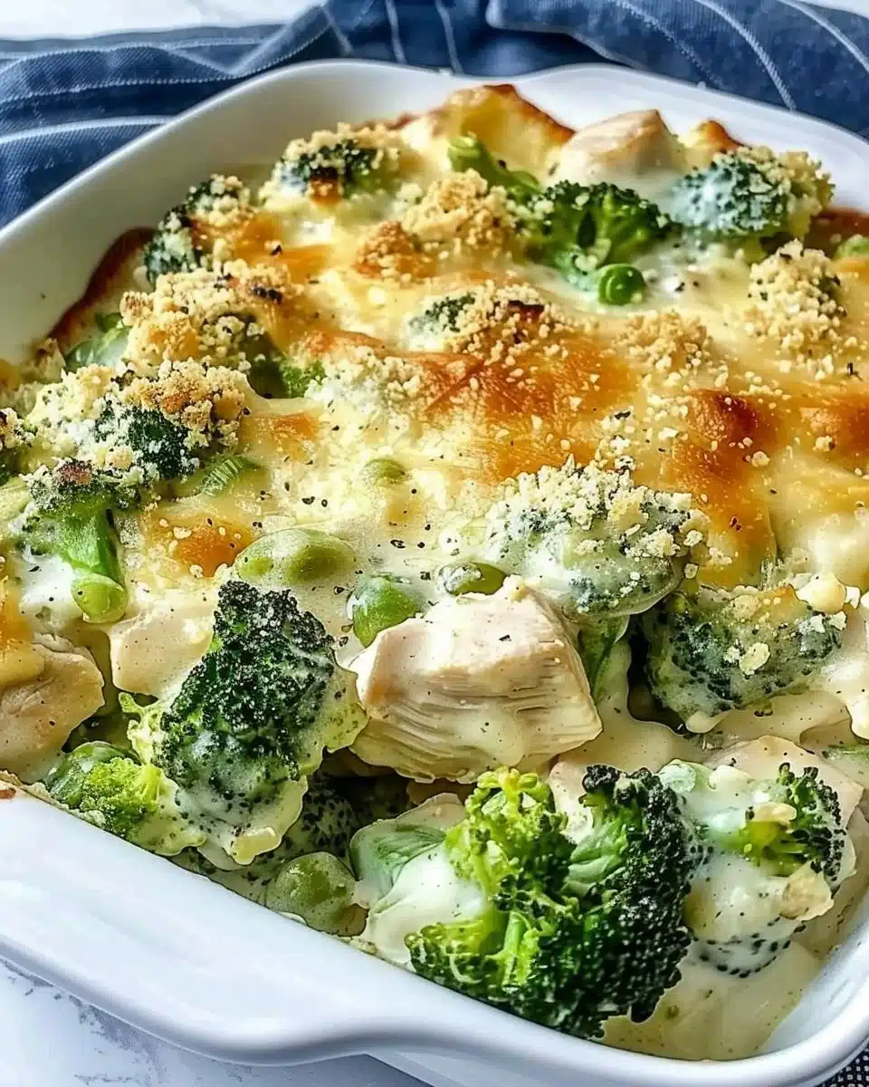 Keto Chicken Alfredo Broccoli Bake with creamy sauce and cheese
