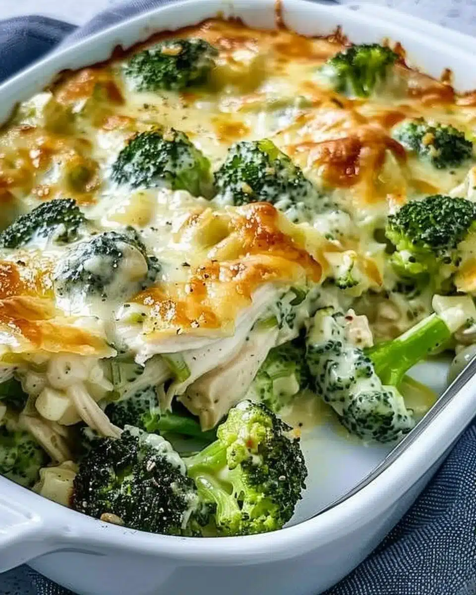 Keto Chicken Alfredo Broccoli Bake served in a baking dish
